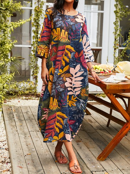 

Casual Crew Neck 3/4 Sleeve Shift Dresses, Green, Floral Dresses