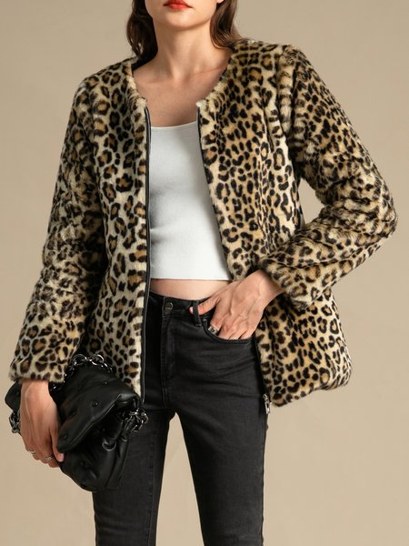 

Long Sleeve Leopard Shift Crew Neck Outerwear, Coats