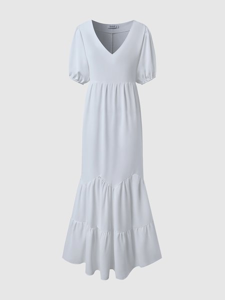 

White Solid Short Sleeve Swing V Neck Weaving Dress, Maxi Dresses
