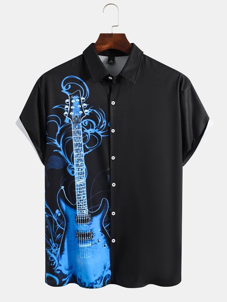 

Men's Guitar Pattern Casual Print Loose Short Sleeve Shirt, Black, Shirts ＆ Blouse
