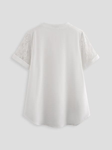 

Plain Lace Buttoned Short Sleeve Top, White, Tunics