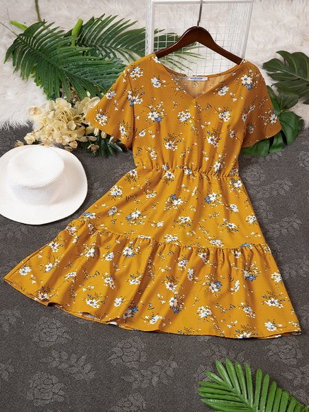 

Plus Flounce Sleeve Floral Dress Floral V Neck Boho Weaving Dress, Yellow, Floral Dresses