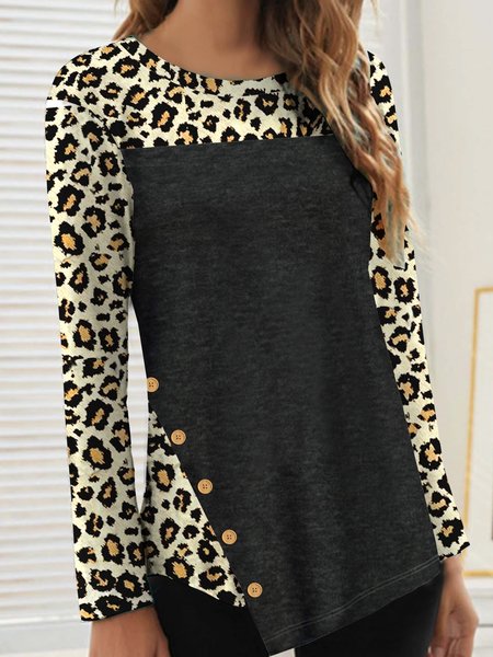 

Long sleeve round neck black stitched leopard t-shirt t-shirt female, Long sleeve tops