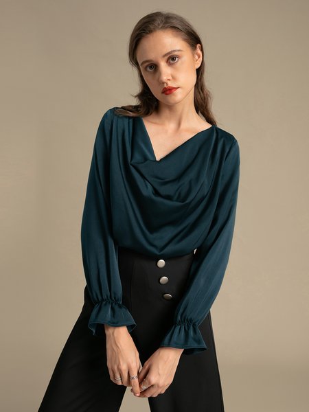 

Elegant Solid Shift Cowl Neck Date Top, Navyblue, Blouses and Shirts