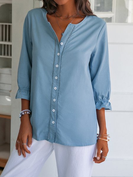 

Cotton-Blend Holiday V Neck Shirts & Tops, Blue, Blouses & Shirts