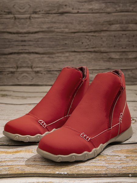 

Casual Leopard Print Stitching Zipper Ankle Boots, Red, Boots