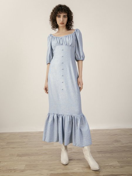 

Square Neck Puff Sleeve Weaving Dress, Light blue, Mini Dresses