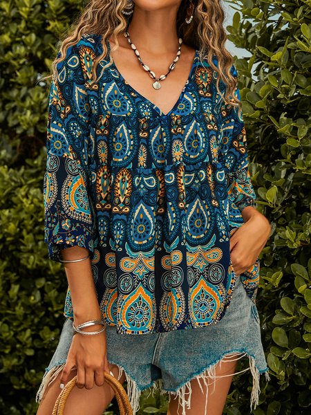 

Shift Floral-Print 3/4 Sleeve V Neck Shirts & Tops, Blue, T-Shirts