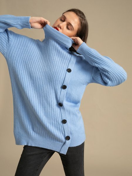 

Casual Long Sleeve Solid Shift Sweater, Blue, Pullovers