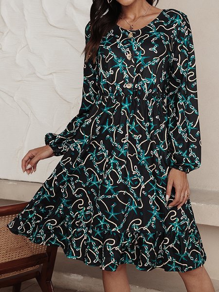 

Floral-Print Abstract V Neck Long Sleeve Dresses, Black, Dresses