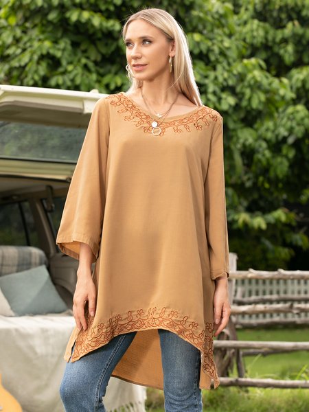 

Holiday 3/4 Sleeve Floral Boho Casual Round Neck Tunic Tops, Brown, Tunics