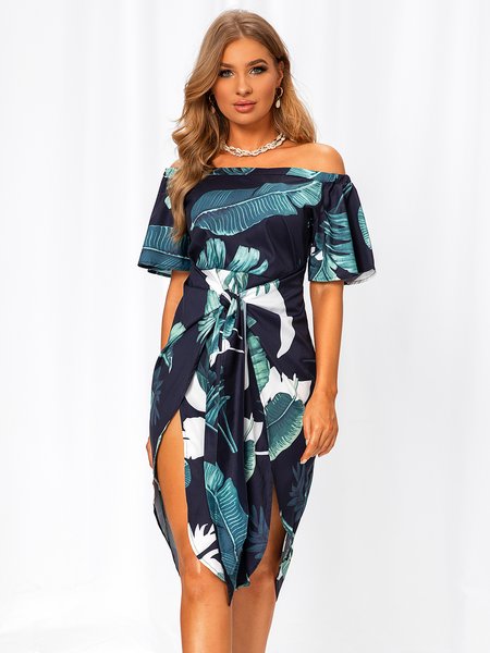 

Off Shoulder Leaves Acetate Short Sleeve Knitting Dress, Green, Dresses