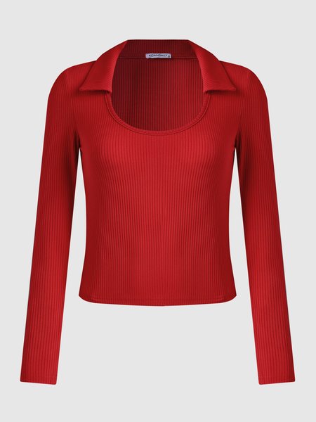 

U-Neck Ribbed Long Sleeve Top, Red, Tees