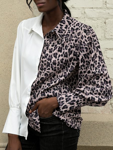 

Shirt Collar Balloon Sleeve Leopard Top, As picture, Blouses and Shirts