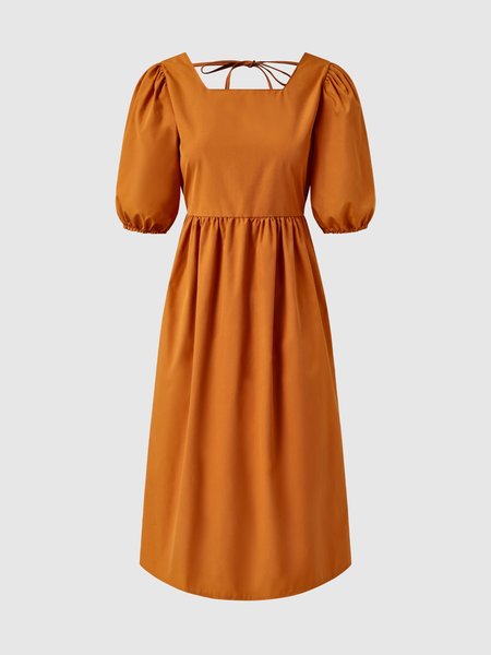 

Elegant Puff Sleeve Solid Cotton Dresse, As picture, Midi Dresses