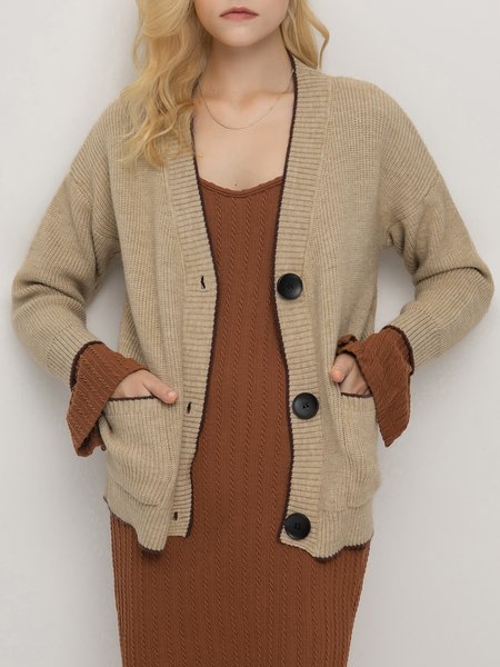 

Vacation Solid Cotton Blends Cardigan, Khaki, Cardigans