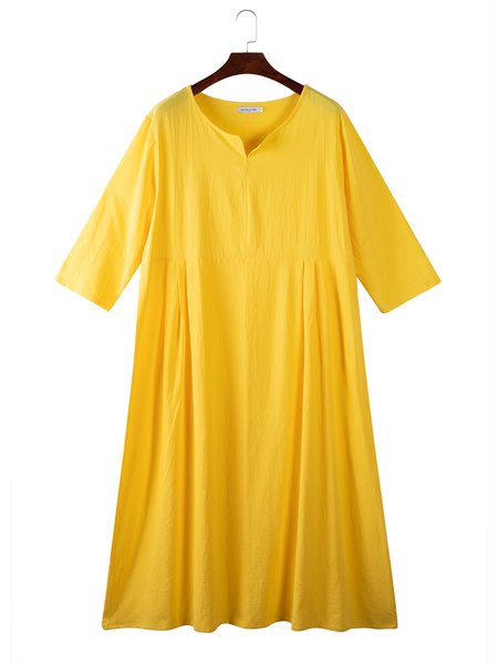 

Plus Size Solid Casual V Neck Weaving Dress, Yellow, Dresses