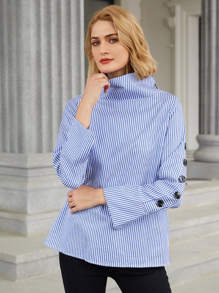 

Casual High Neck Striped Long Sleeve Top, The blue stripe, Blouses and Shirts