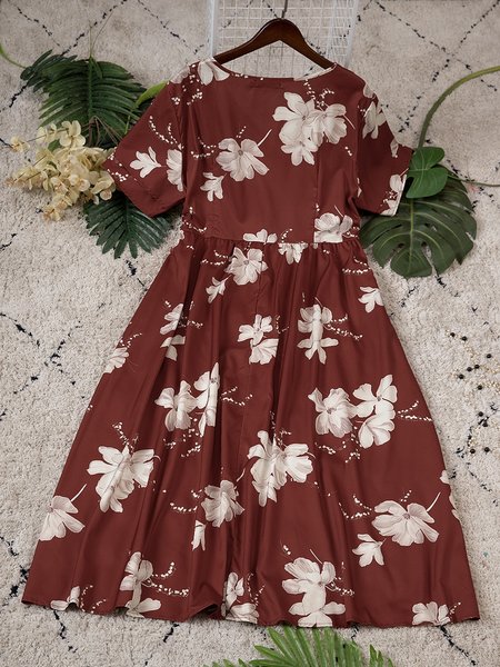 

A-Line Short Sleeve Elegant Floral Weaving Dress, Red, Floral Dresses