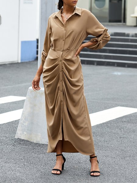 

Solid Long Sleeve Shirt Collar Daily Midi Dress, Khaki, Midi Dresses