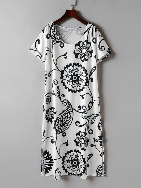 

Casual Short Sleeve Knitting Dress, White, Floral Dresses