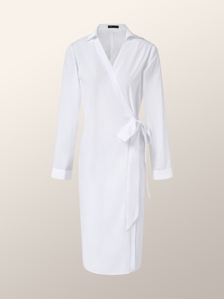 

Shirt Collar Solid Elegant Dress, White, Midi Dresses