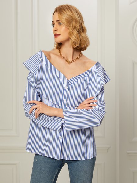

One Shoulder Regular Fit Striped Shirt, Blue, Tops