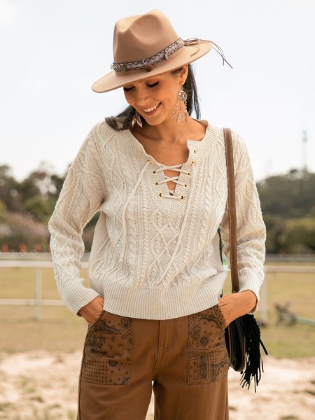 

Lace Up Front Detail Knitted Sweater, White, Sweaters