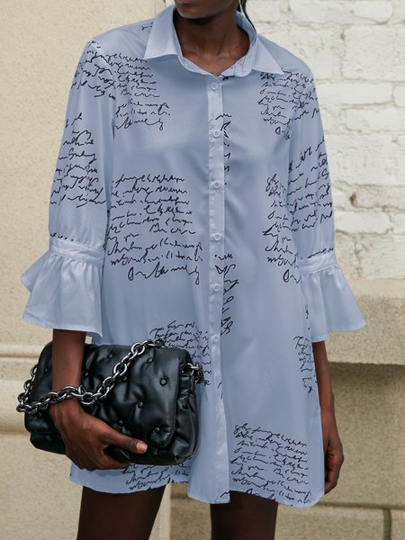 

Long Sleeve Elegant Letter Top, Blue, Blouses and Shirts