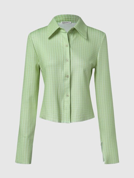 

Lapel Grid Casual Blouse, Green, Blouses and Shirts