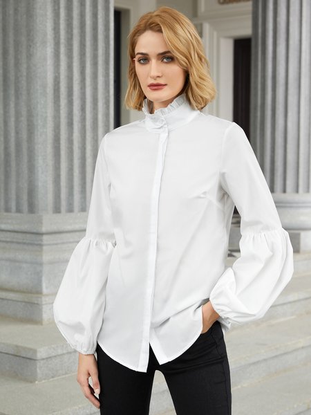 

Solid Bishop Sleeve Casual Ruched Long Sleeve Blouse, White, Blouses and Shirts