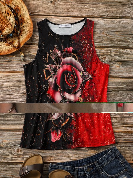 

Crew Neck Casual Sleeveless Tanks & Camis, Red, Tanks & Camis
