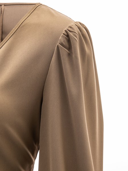 

Daily Gathered A-Line Work V Neck Lady Dresses, Coffee, Mini Dresses