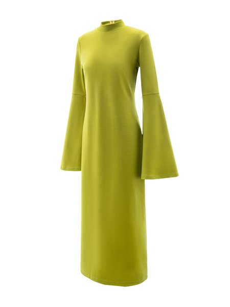 

Stand Collar Solid Long Sleeve Elegant Party Dress, Green, Midi Dresses