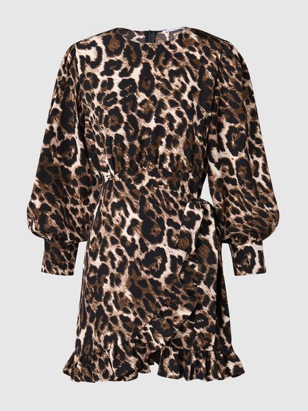 

Leopard Round Neck Bishop Sleeve Fitted Dress, Brown, Mini Dresses