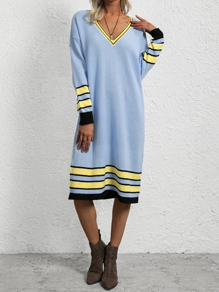 

V Neck Striped Vintage Dresses, Blue, Dresses