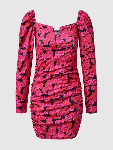 

Sexy Slim Fit Puff Sleeve Floral Dress, Deep pink, Mini Dresses