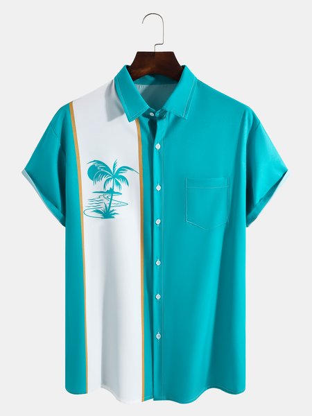 

Resort Style Hawaiian Series Coconut Tree Element Lapel Short-Sleeved Printed Shirt Top, As picture, Shirts ＆ Blouse