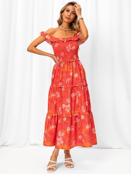 

Sweet Off Shoulder Floral Short Sleeve Weaving Dress, Orange, Dresses