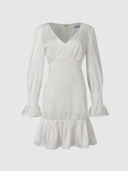 

Elegant Slim Fit V Neck Puff Sleeve Weaving Dress, White, Mini Dresses