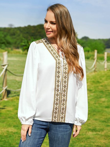 

Cotton Blends Tribal Bishop Sleeve Shirts & Tops, White, Shirts & Blouses