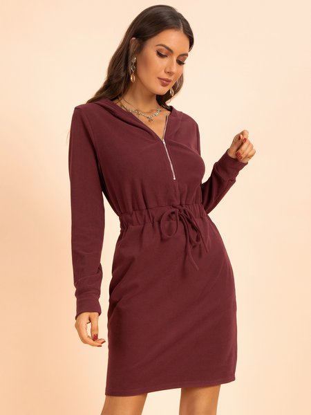 

Casual Holiday Solid Color Long Sleeve Hoodie Dresses, Red, Casual Dresses