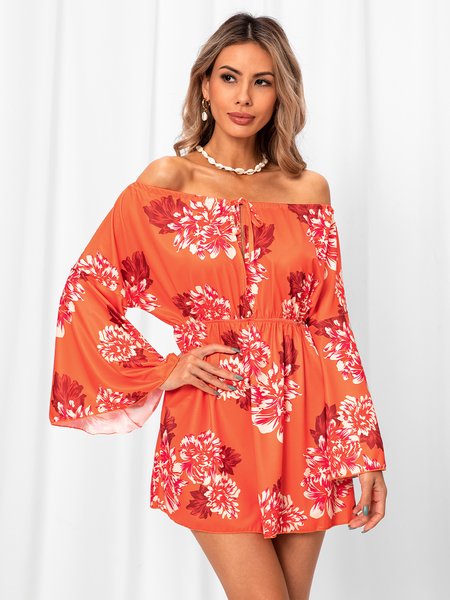 

Sweet Long Sleeve Floral A-Line Weaving Dress, Orange, Dresses