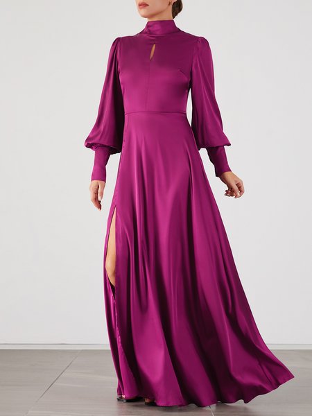 

Elegant Party Satin Stand Collar Dress, Rose red, Maxi Dresses