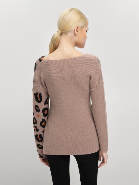 

Long Sleeve Leopard V Neck Casual Sweater, As picture, Pullovers