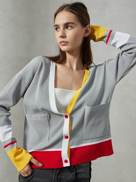 

Color-Block Casual Long Sleeve Sweater, Light gray, Cardigans