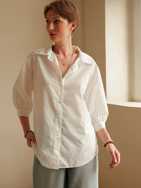 

3/4 Manica Tinta unita Vacanza Colletto a Camicia Top, Bianco, Blouses & Shirts