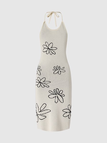 

Floral Halter Fitted Dress, White, Midi Dresses
