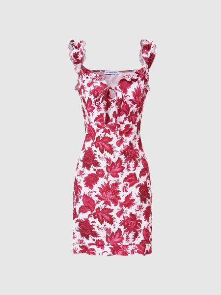 

Floral Elegant Square Neck Dress, White, Mini Dresses