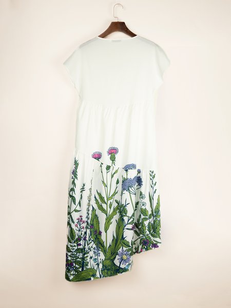

2021 Summer Casual Hem Floral Print V Neck Holiday Weaving Dress, White, Floral Dresses